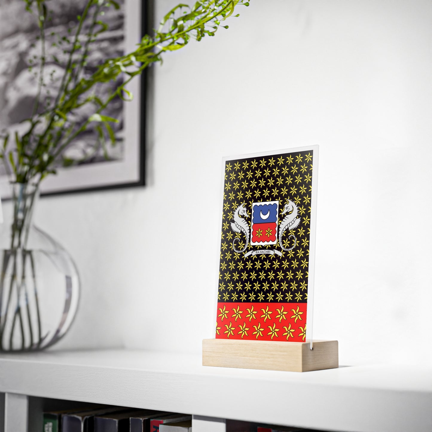 Panneau acrylique ylang Mayotte, avec support en bois